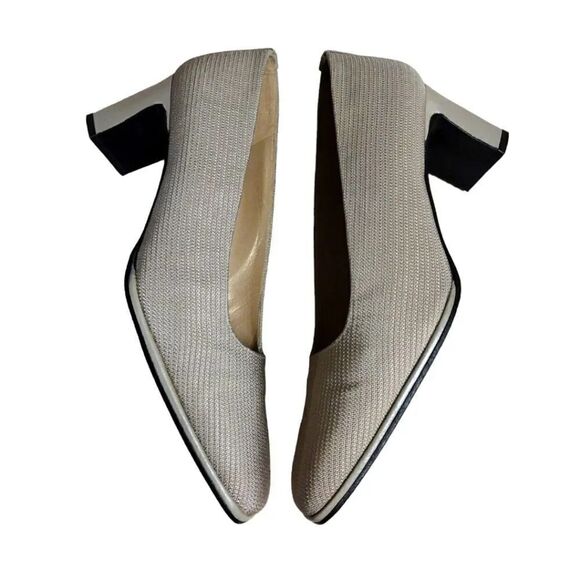 VTG 90s Stuart Weitzman Taupe Textured Square Toe Block Pumps Size 8.5 - Picture 13 of 14